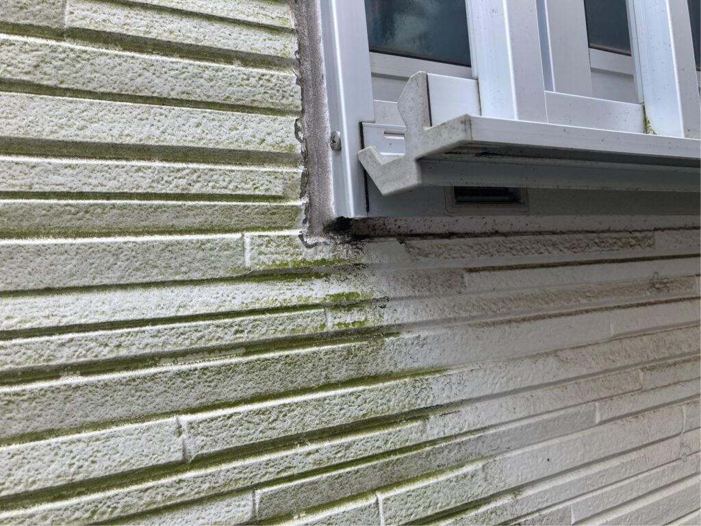 施工前のサイディングの写真です。経年劣化によりサイディング表面のコケの発生が見受けられます。