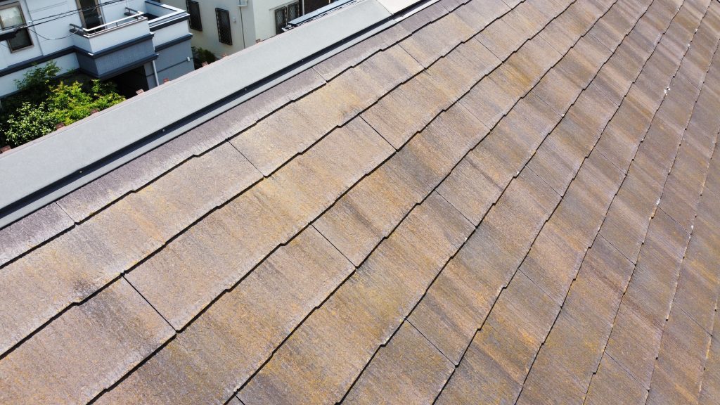 現地調査時に見ているポイントは、棟板金の色褪せ・釘の飛び抜け・浮き・錆の発生・瓦のカビやコケが発生しているかなどです。今回は釘の飛び抜けや色褪せ、カビやコケの付着が見られました。