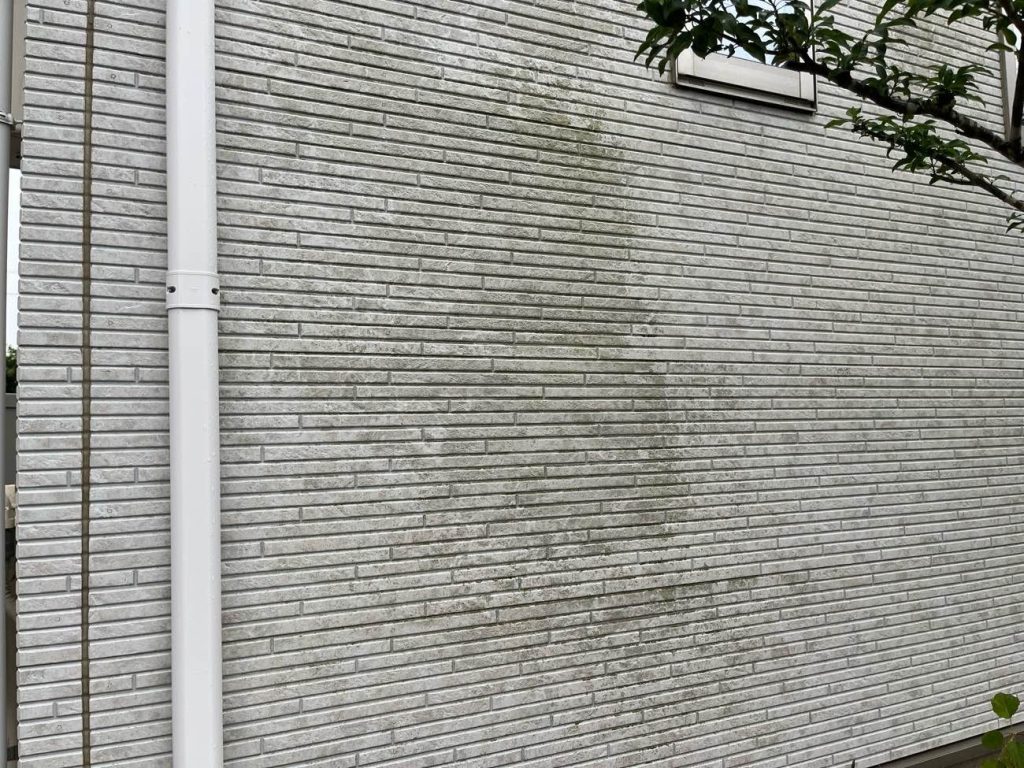 日の当たらない面はカビやコケ、汚れの付着が見られました。付着する原因でよく言われているのが、紫外線による塗膜の劣化で防水機能が低下しているためです。こうしたサインが出てきた場合は塗り替えを検討してください。