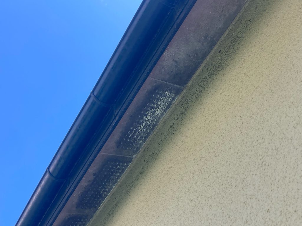 長年の湿気や経年劣化により表面に黒カビが広範囲に発生してしまっている状態です 。軒天井は建物の湿気を排出したり雨水の吹き込みを防いだりする重要な役割を持っていますがこのようにカビが繁殖した状態を放置すると美観を損ねるだけでなく建材自体の傷みを早める原因にもなります。